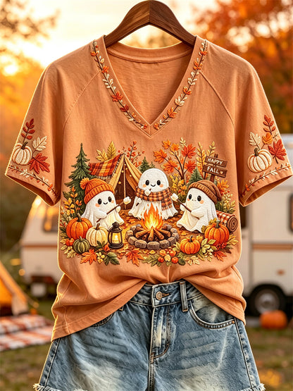 Frauen Happy Fall Ghosts Herbst Camping Print Kurzarm T-Shirt