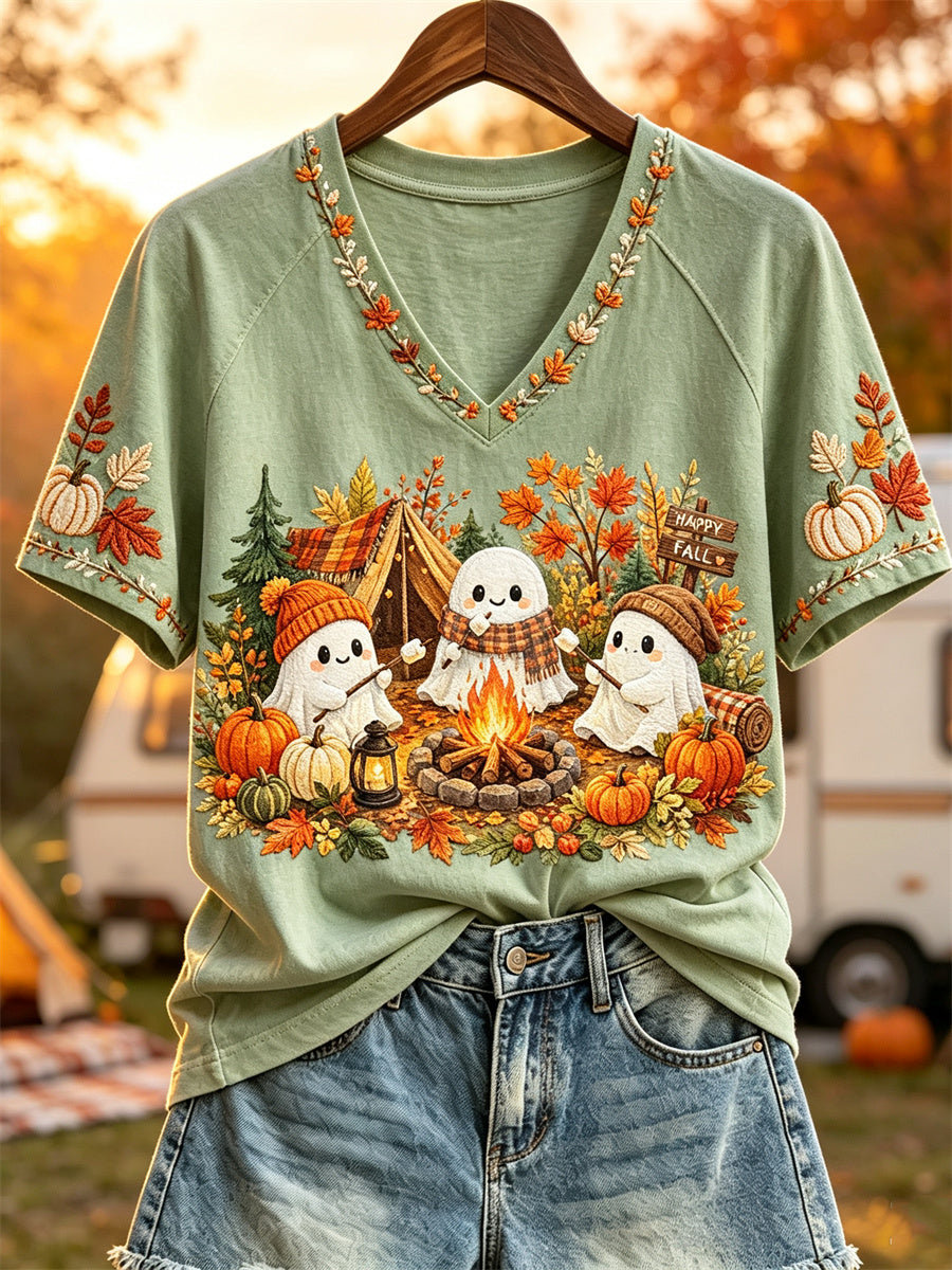 Frauen Happy Fall Ghosts Herbst Camping Print Kurzarm T-Shirt