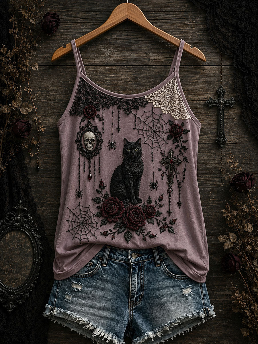 Damen-Gothic-Tanktop mit schwarzer Katze
