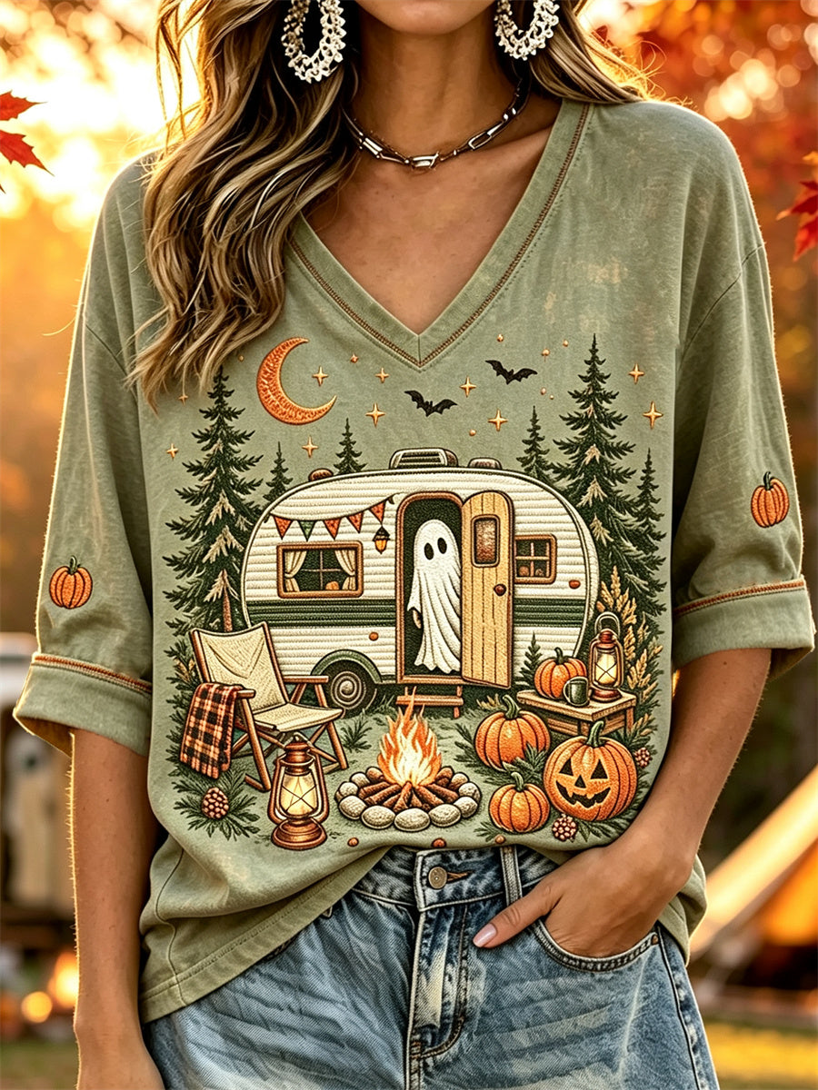 Damen Halloween Ghost Herbst RV Camping Print Mittellange Ärmel V-Ausschnitt T-Shirt