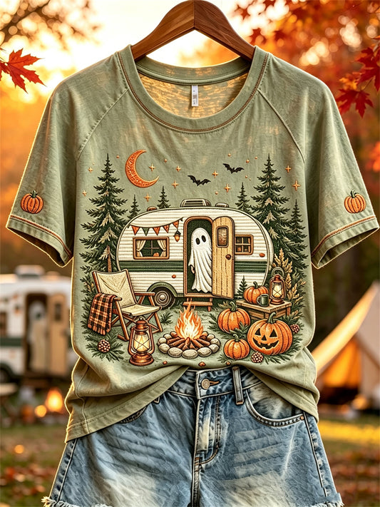 Damen Halloween Ghost Herbst RV Camping Print Kurzarm T-Shirt