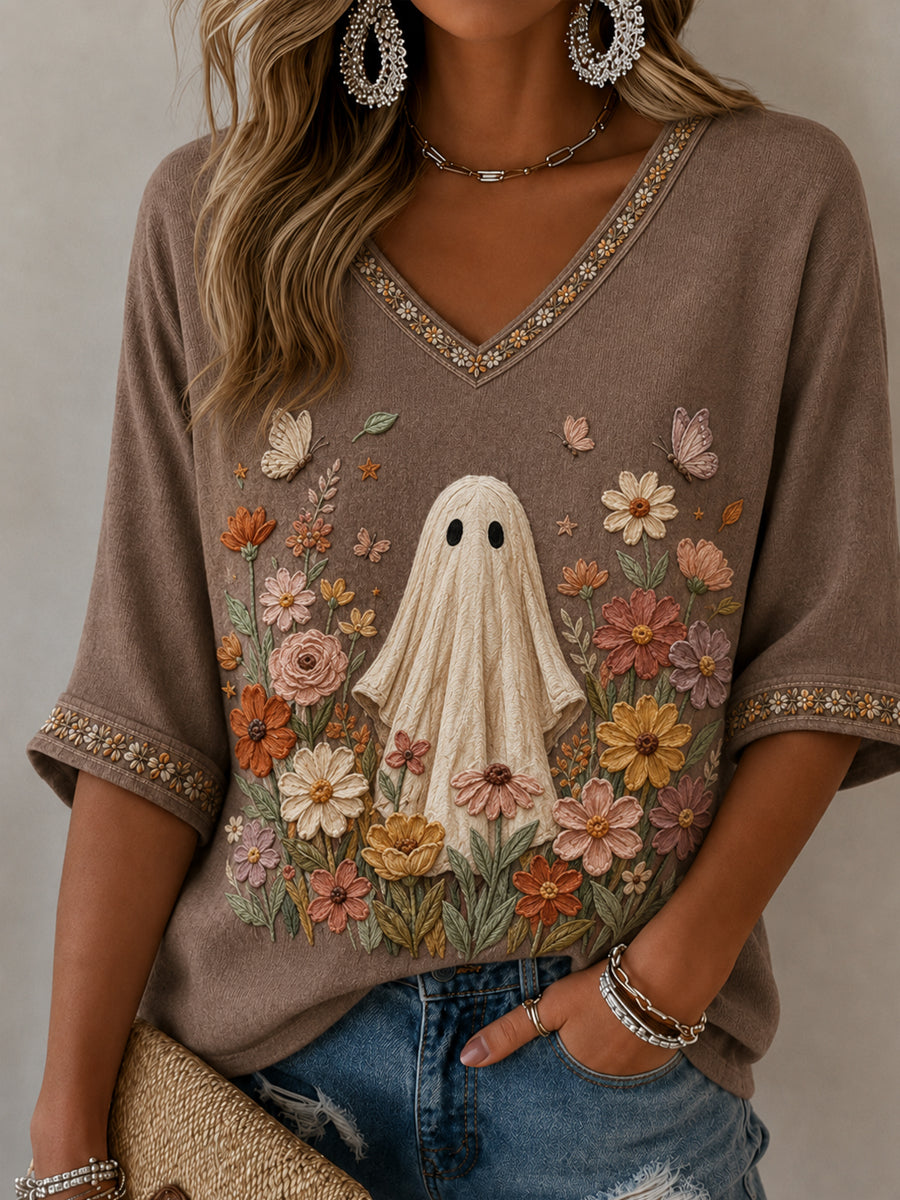 Frauen Halloween Wildblumen Geist mittellange Ärmel V-Ausschnitt T-Shirt