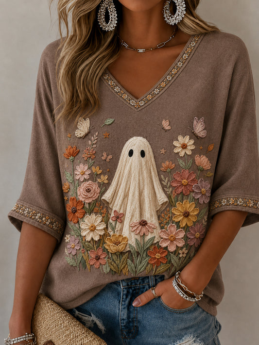 Frauen Halloween Wildblumen Geist mittellange Ärmel V-Ausschnitt T-Shirt