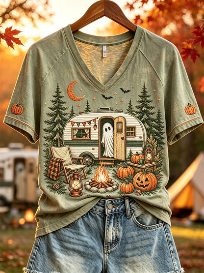Damen Halloween Ghost Herbst RV Camping Print Kurzarm T-Shirt