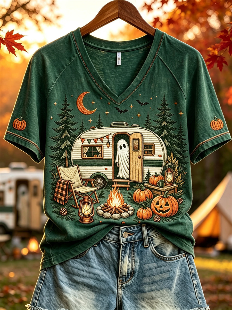 Damen Halloween Ghost Herbst RV Camping Print Kurzarm T-Shirt