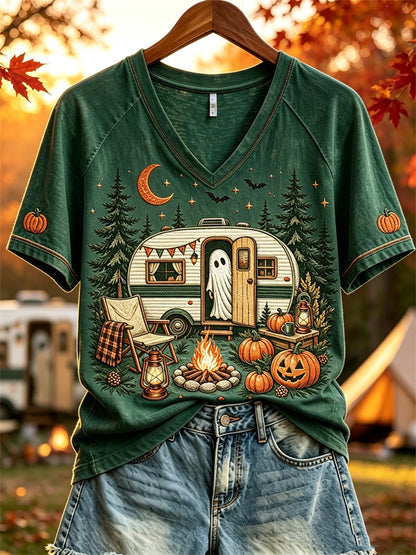 Damen Halloween Ghost Herbst RV Camping Print Kurzarm T-Shirt