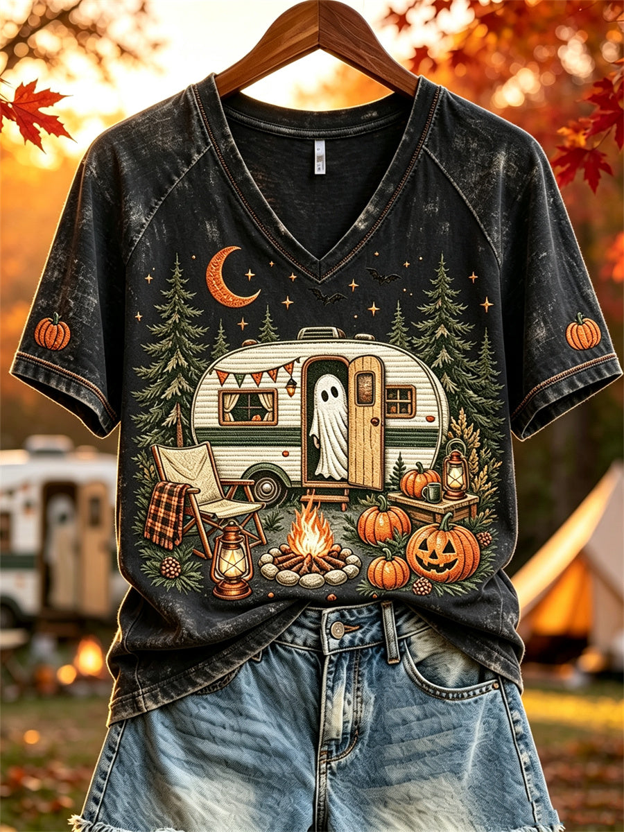 Damen Halloween Ghost Herbst RV Camping Print Kurzarm T-Shirt