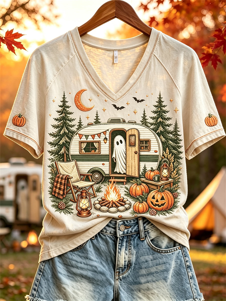 Damen Halloween Ghost Herbst RV Camping Print Kurzarm T-Shirt