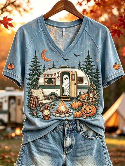 Damen Halloween Ghost Herbst RV Camping Print Kurzarm T-Shirt
