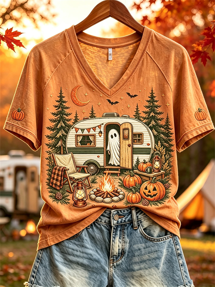 Damen Halloween Ghost Herbst RV Camping Print Kurzarm T-Shirt