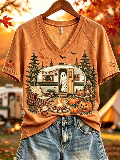 Damen Halloween Ghost Herbst RV Camping Print Kurzarm T-Shirt