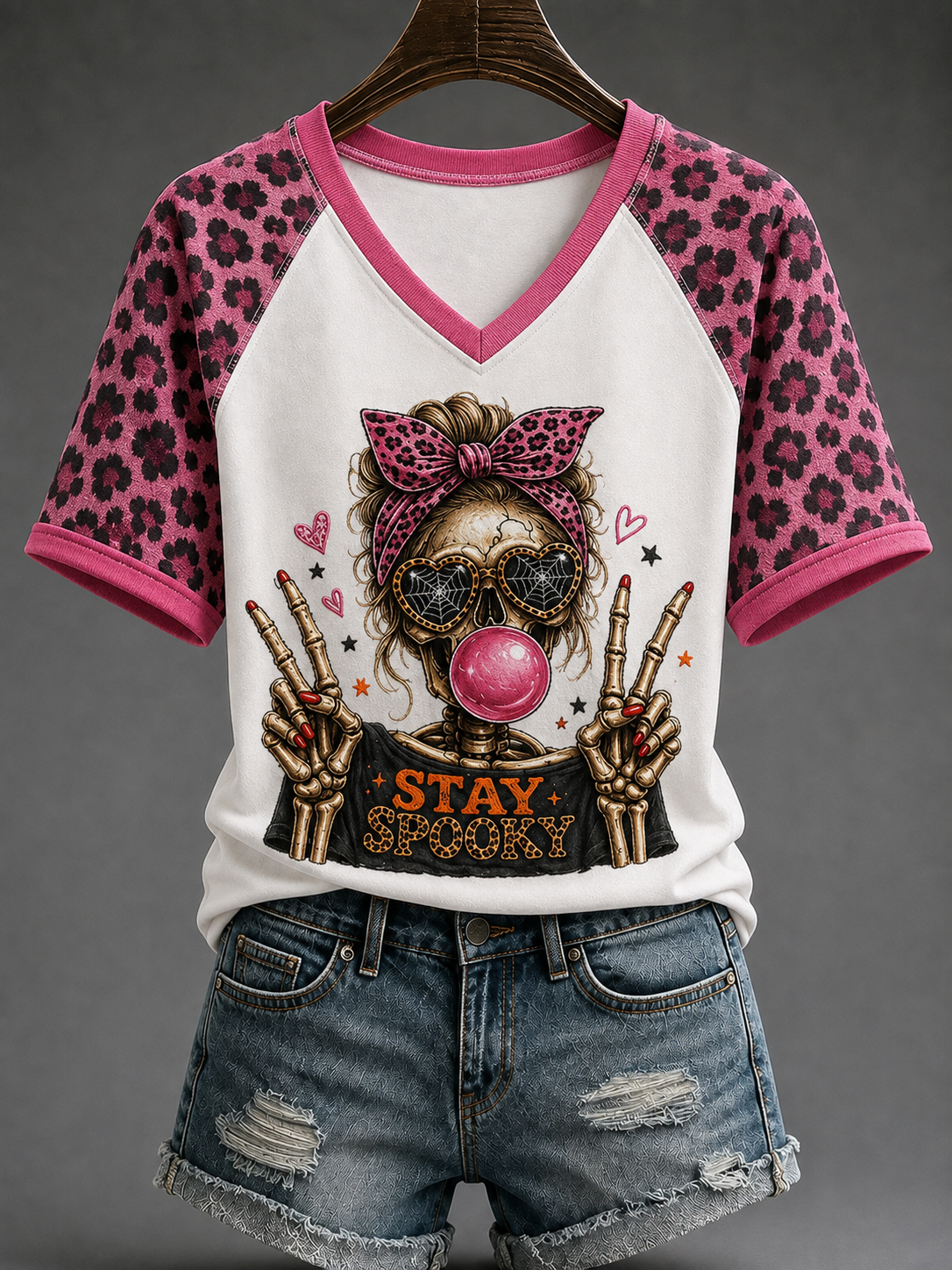 Damen Stay Spooky V-Ausschnitt Schulter frei Kurzarm T-Shirt