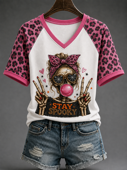 Damen Stay Spooky V-Ausschnitt Schulter frei Kurzarm T-Shirt