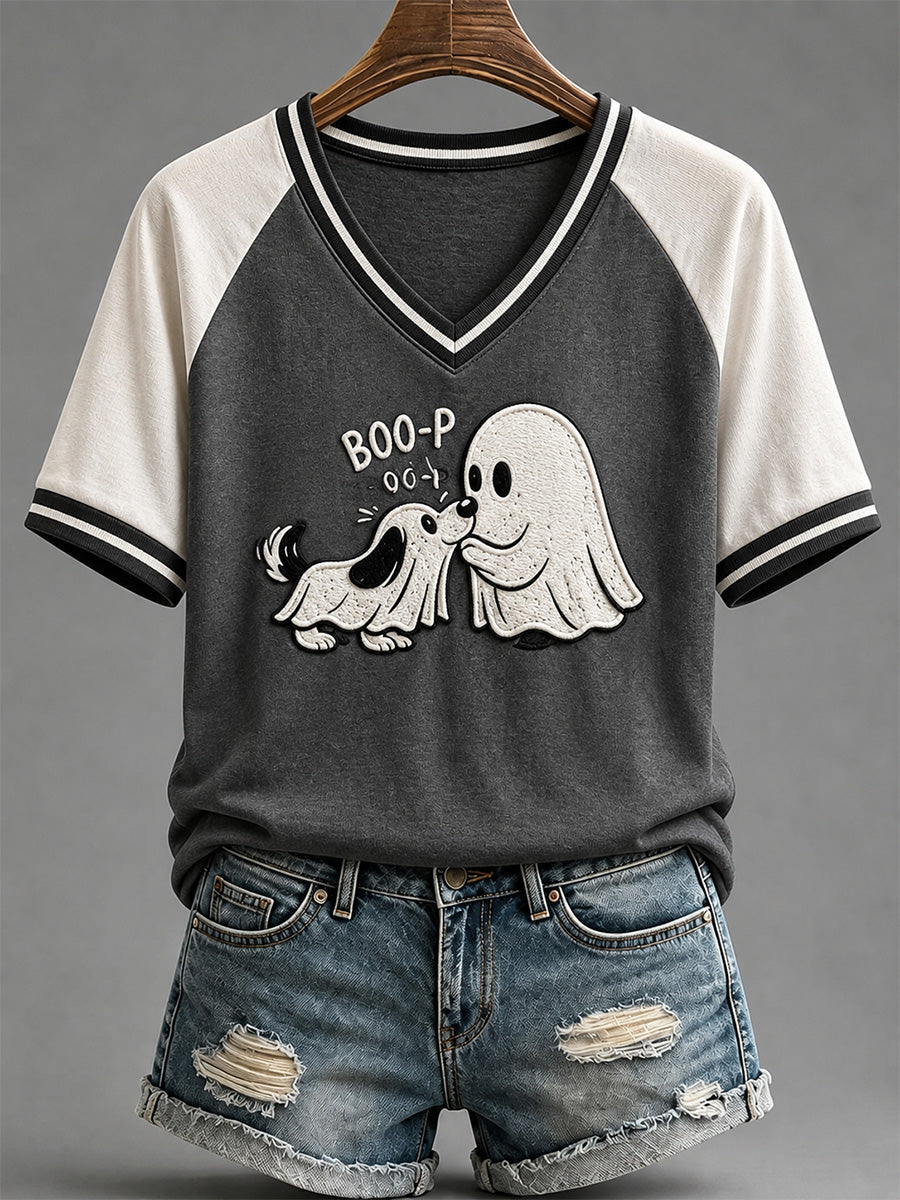Frauen-Freizeit-T-Shirt mit lustigem Boo-Boo-p-Hund-Geister-Print und V-Ausschnitt