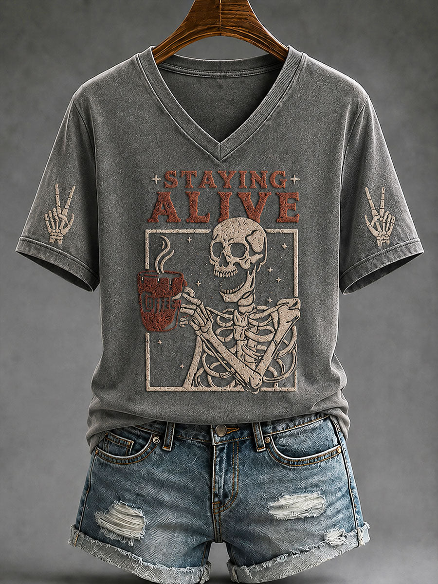 Frauen "am Leben bleiben" Trendy Kaffee lustige Schädel Halloween lässig T-Shirt