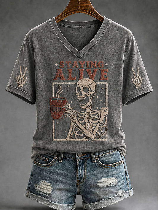 Frauen "am Leben bleiben" Trendy Kaffee lustige Schädel Halloween lässig T-Shirt