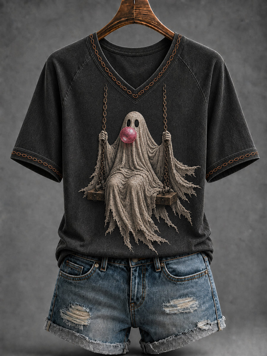 Frauen Halloween Geist auf Swing V-Ausschnitt Kurzarm T-Shirt