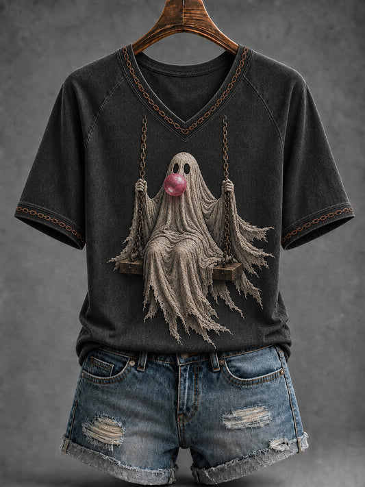 Frauen Halloween Geist auf Swing V-Ausschnitt Kurzarm T-Shirt