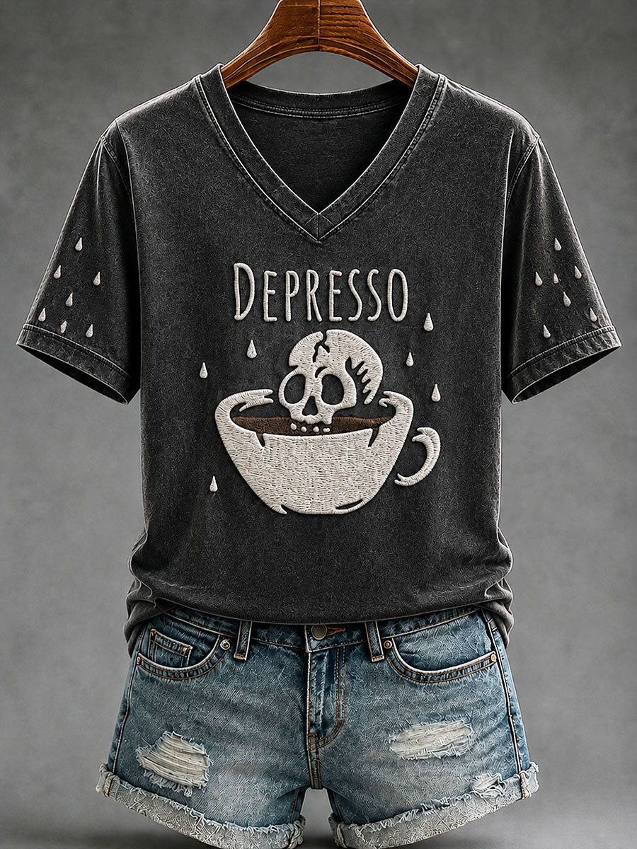 Frauen "Depresso" Spaß Schädel Cafe Halloween Casual T-Shirt
