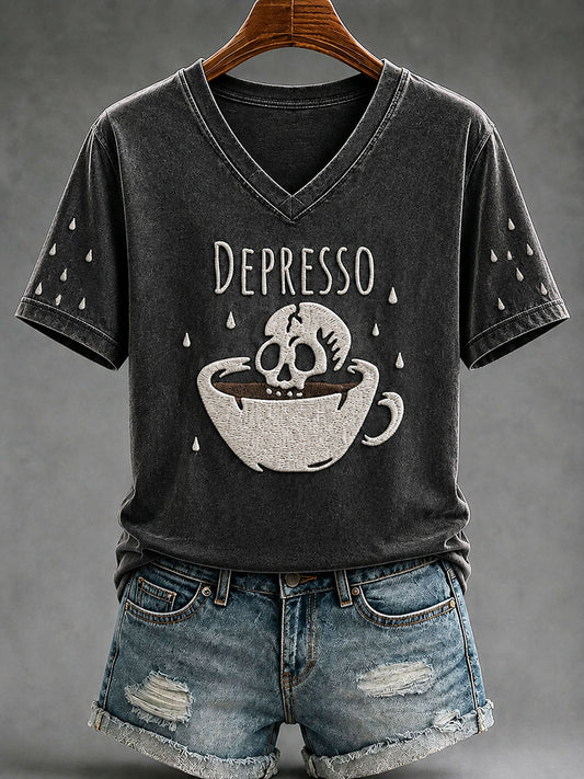 Frauen "Depresso" Spaß Schädel Cafe Halloween Casual T-Shirt