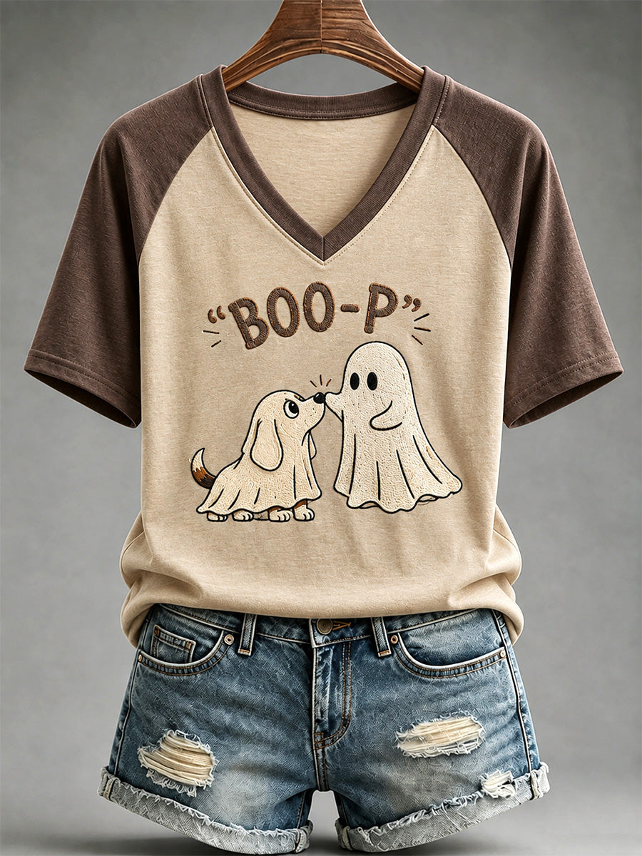Frauen Lustiges Boo Boo-p Hund Ghost Print lässiges T-Shirt mit V-Ausschnitt
