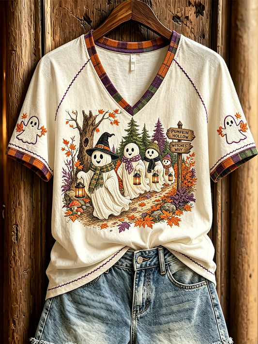 Damen niedliches, mit Geister muster bedrucktes, lässiges Kurzarm-T-Shirt