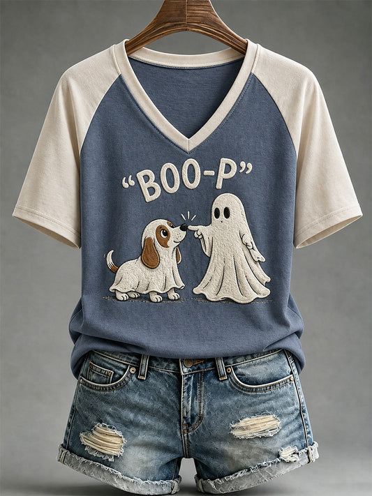 Frauen-Freizeit-T-Shirt mit lustigem Boo-Boo-p-Hund-Geister-Print und V-Ausschnitt