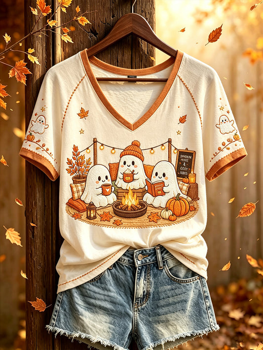 Gedrucktes, lässiges Kurzarm-T-Shirt mit niedlichem Geister-Camping muster für Frauen
