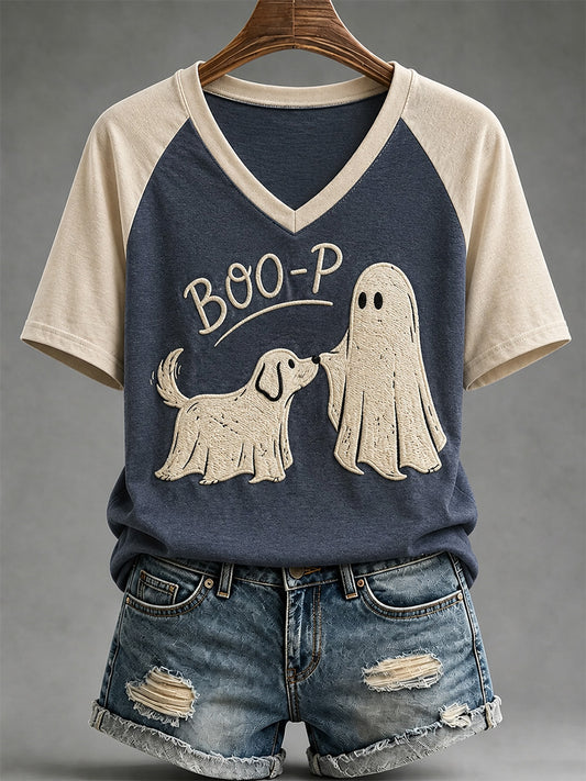 Frauen-Freizeit-T-Shirt mit lustigem Boo-Boo-p-Hund-Geister-Print und V-Ausschnitt