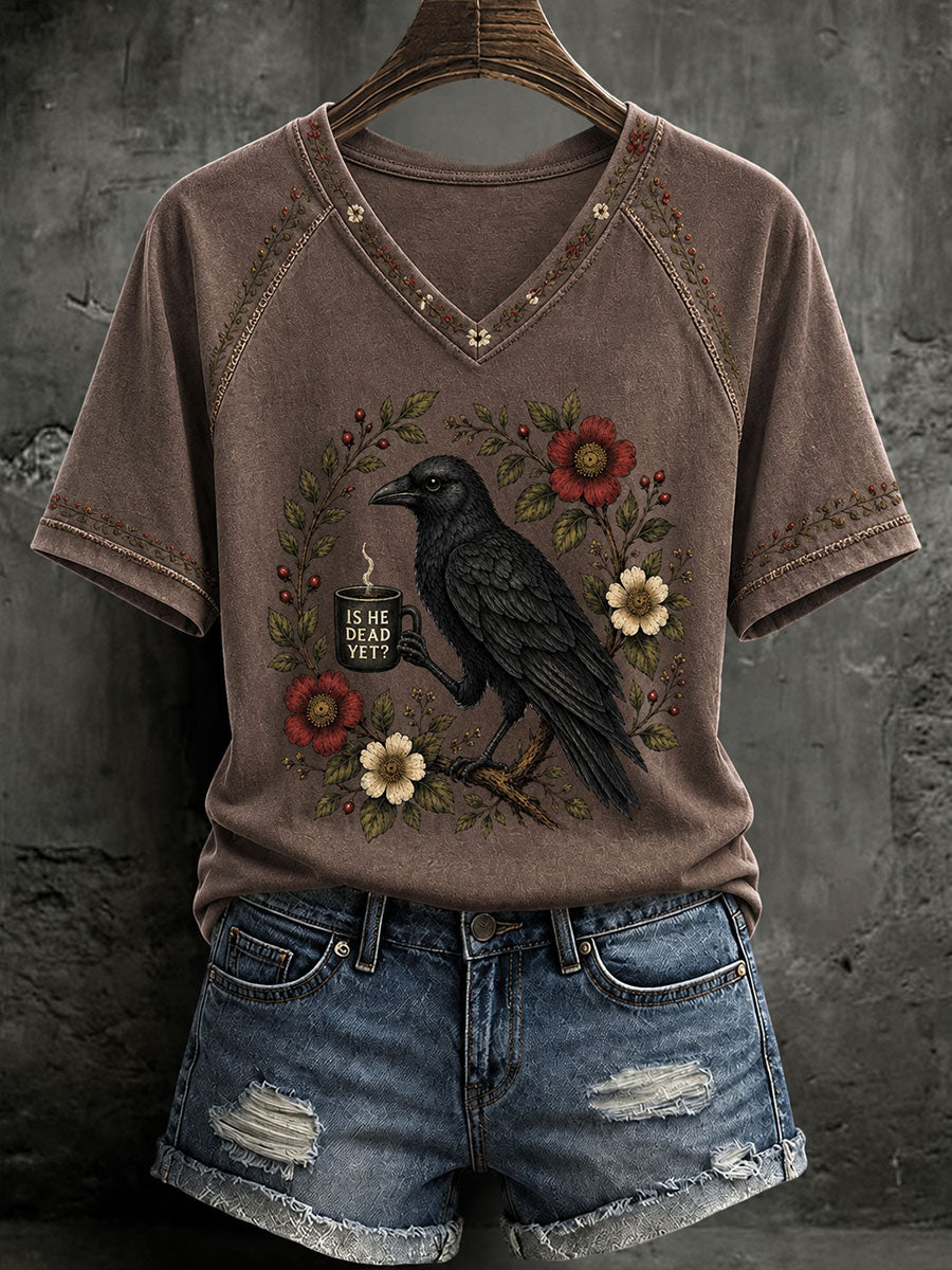 Frauen Gothic Raven Print Casual T-Shirt