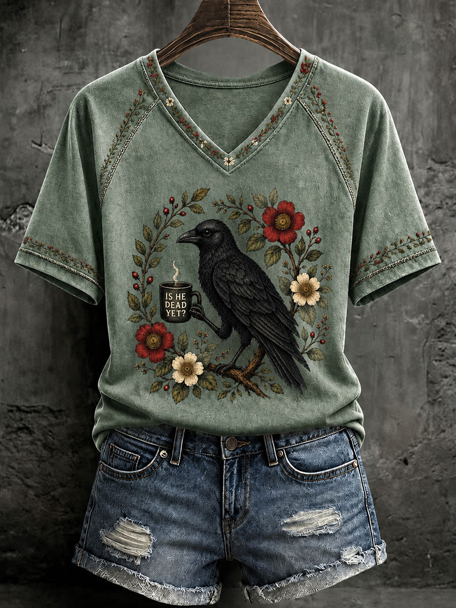 Frauen Gothic Raven Print Casual T-Shirt