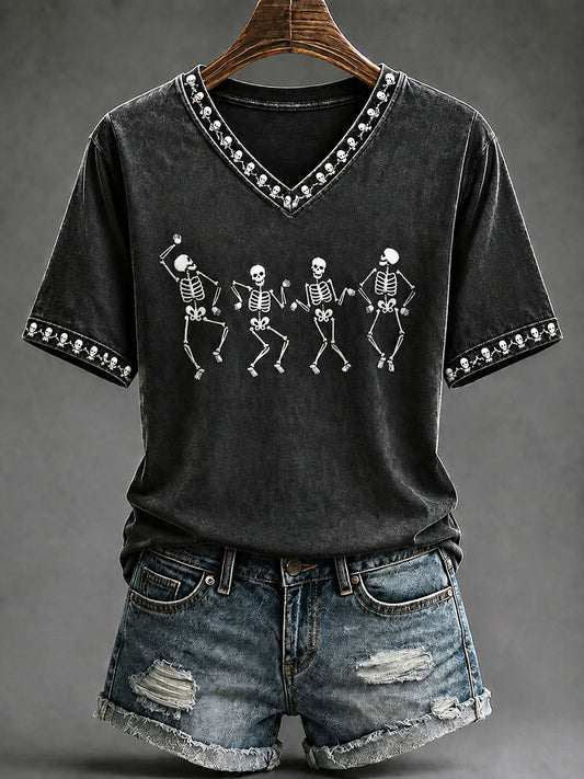 Frauen Spaß Schädel Tanzen Halloween Casual T-Shirt