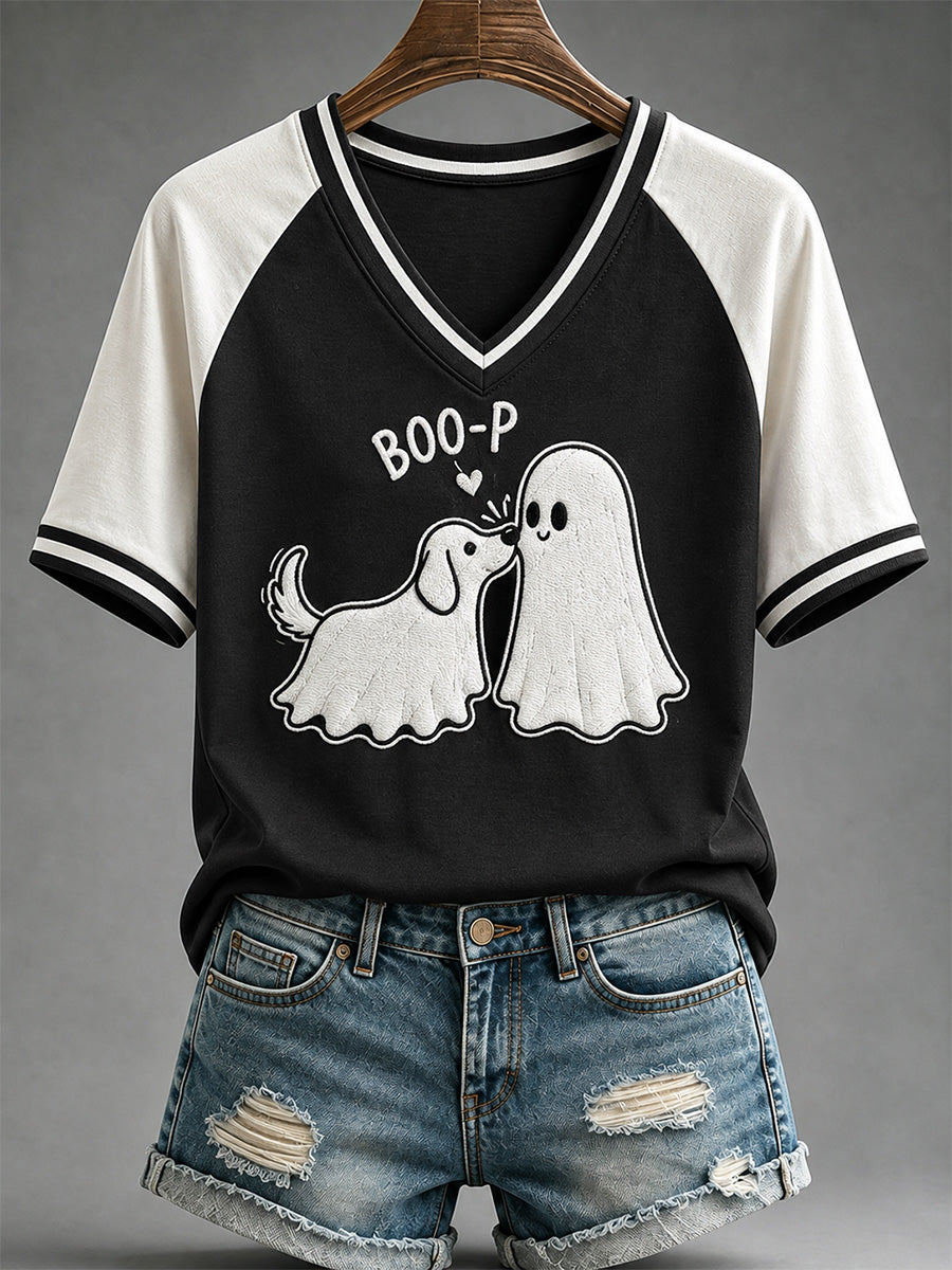 Frauen-Freizeit-T-Shirt mit lustigem Boo-Boo-p-Hund-Geister-Print und V-Ausschnitt