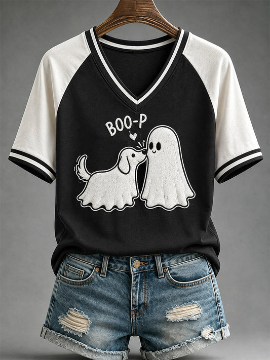Frauen-Freizeit-T-Shirt mit lustigem Boo-Boo-p-Hund-Geister-Print und V-Ausschnitt