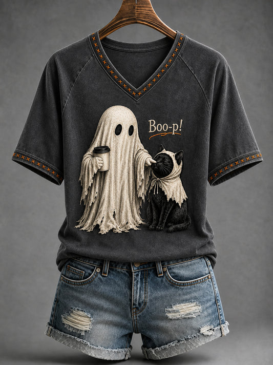Frauen Schwarze Katze Halloween Ghost Boop Kurzarm T-Shirt mit V-Ausschnitt