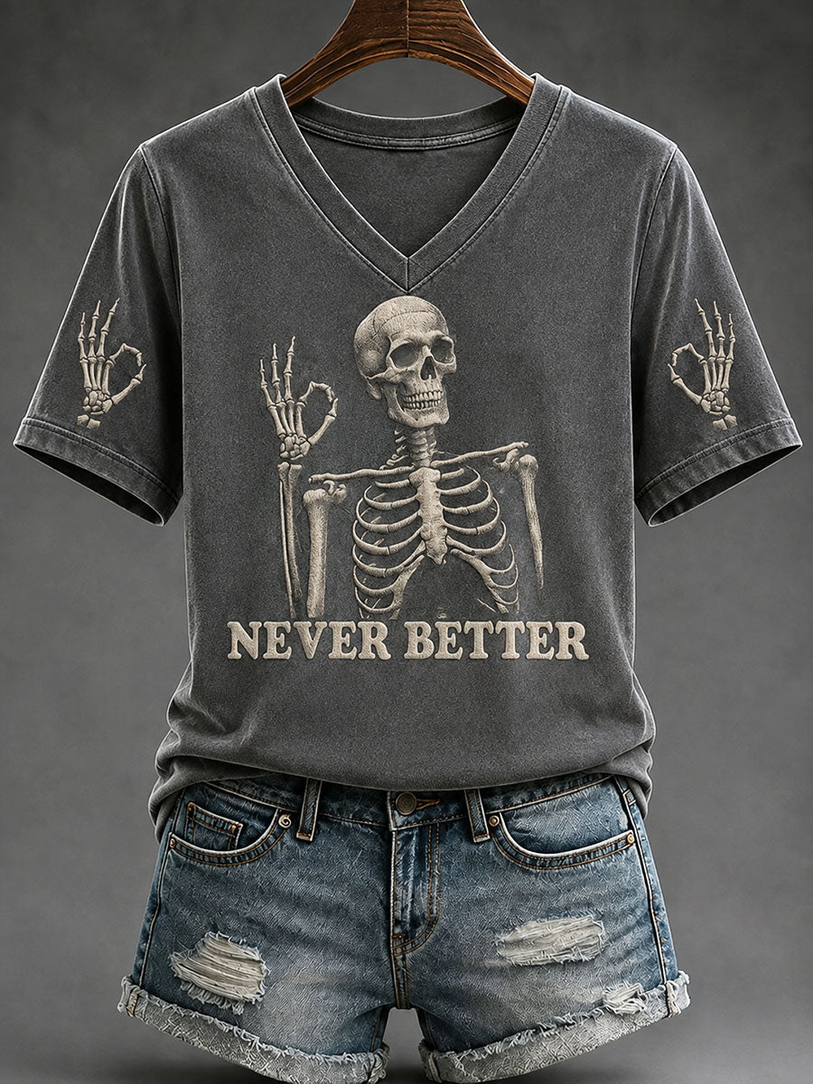 Damen-Fun-Halloween-Casual-T-Shirt mit Totenkopf und Aufdruck „Never Better“