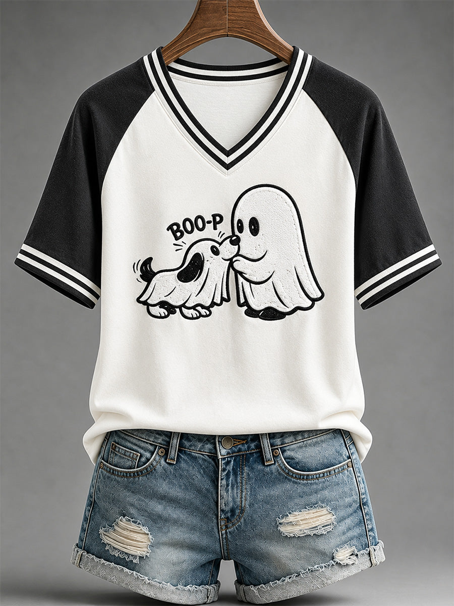 Frauen-Freizeit-T-Shirt mit lustigem Boo-Boo-p-Hund-Geister-Print und V-Ausschnitt