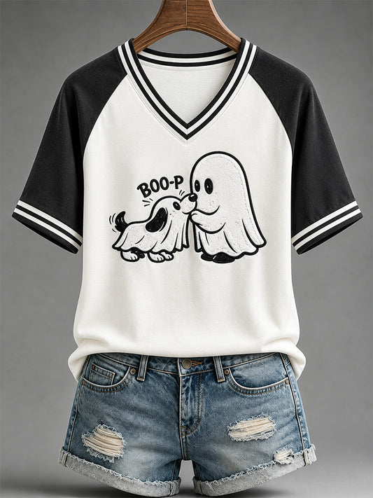 Frauen-Freizeit-T-Shirt mit lustigem Boo-Boo-p-Hund-Geister-Print und V-Ausschnitt