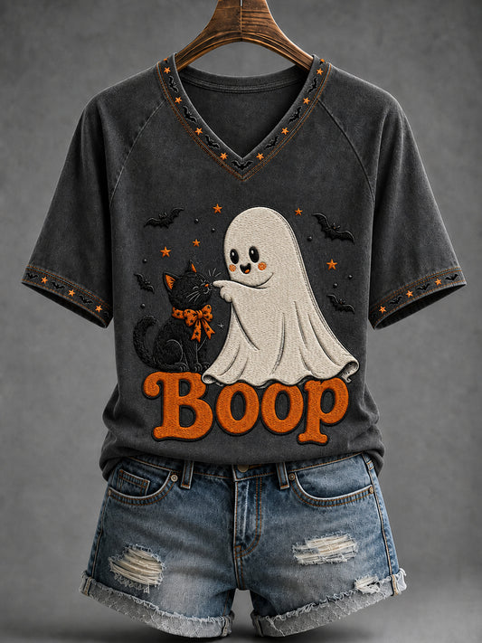Damen-T-Shirt mit schwarzer Katze, Halloween-Geist, Boop-Print, V-Ausschnitt und kurzen Ärmeln