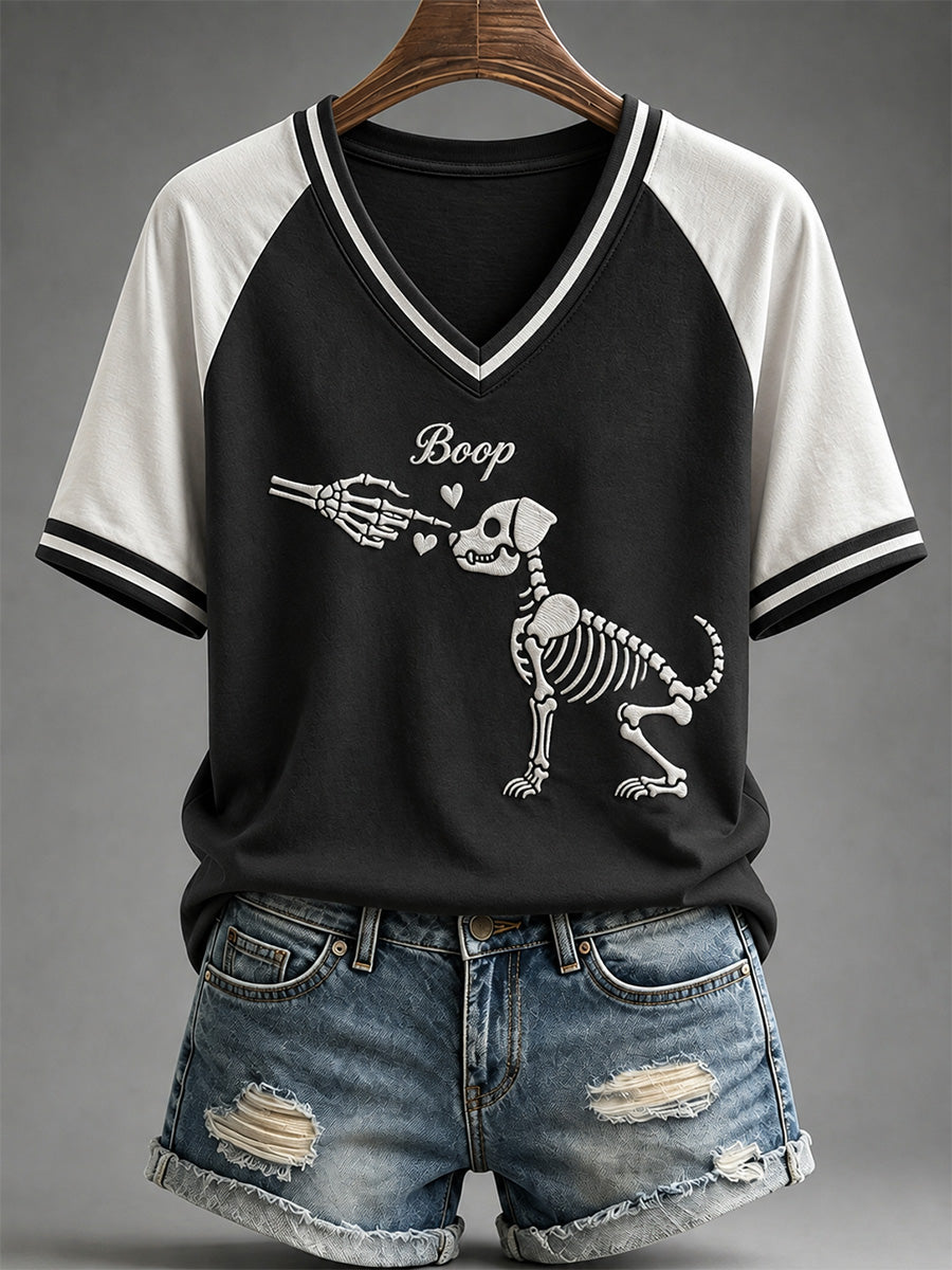 Frauen-Freizeit-T-Shirt mit lustigem Boo-Boo-p-Hund-Geister-Print und V-Ausschnitt