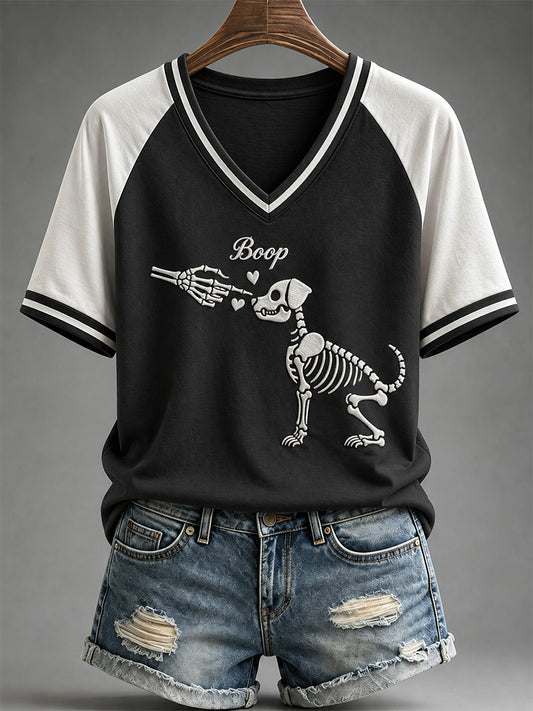 Frauen-Freizeit-T-Shirt mit lustigem Boo-Boo-p-Hund-Geister-Print und V-Ausschnitt
