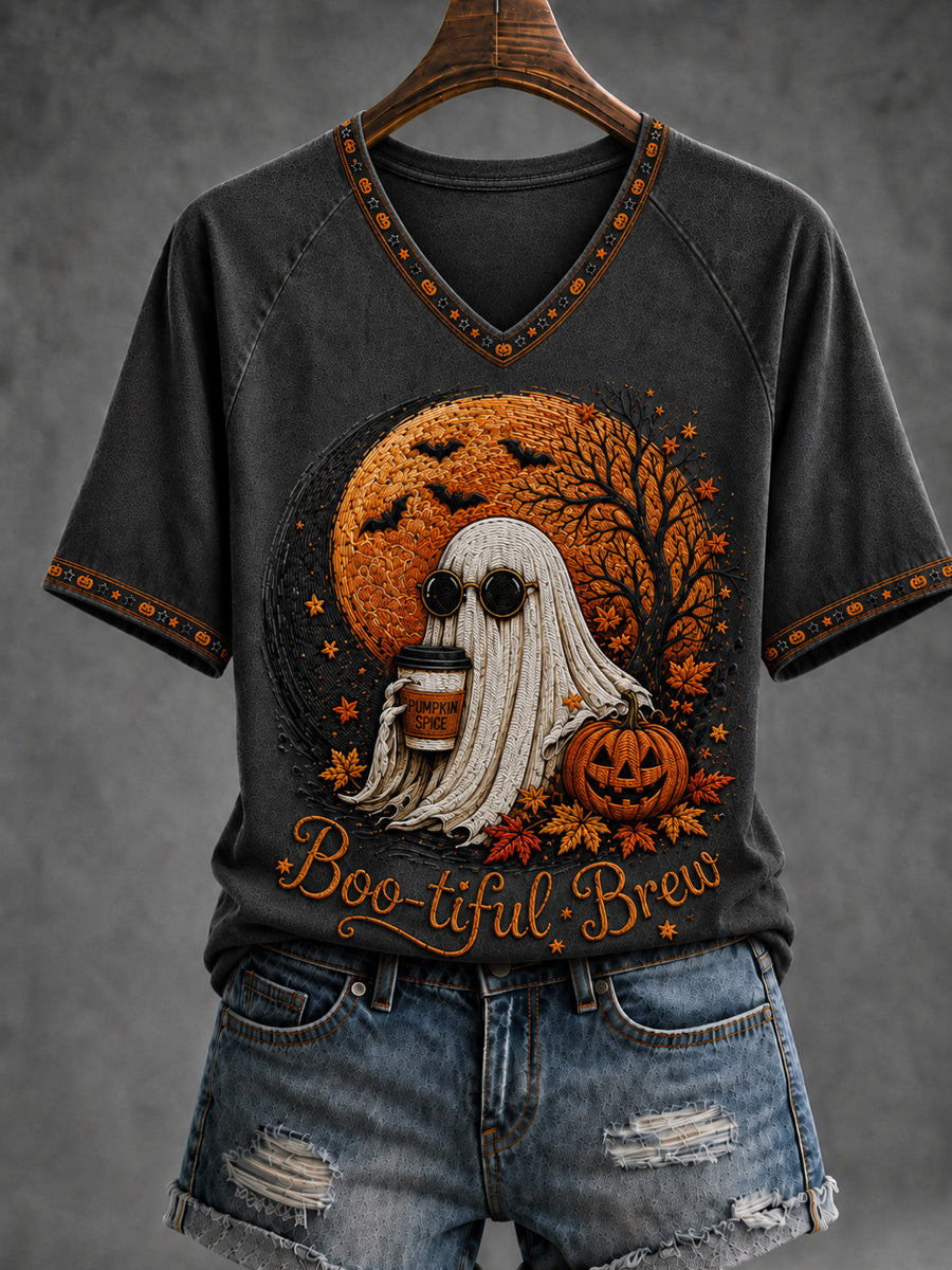Frauen Halloween Lustiger Geist Kürbis V-Ausschnitt Kurzarm T-Shirt