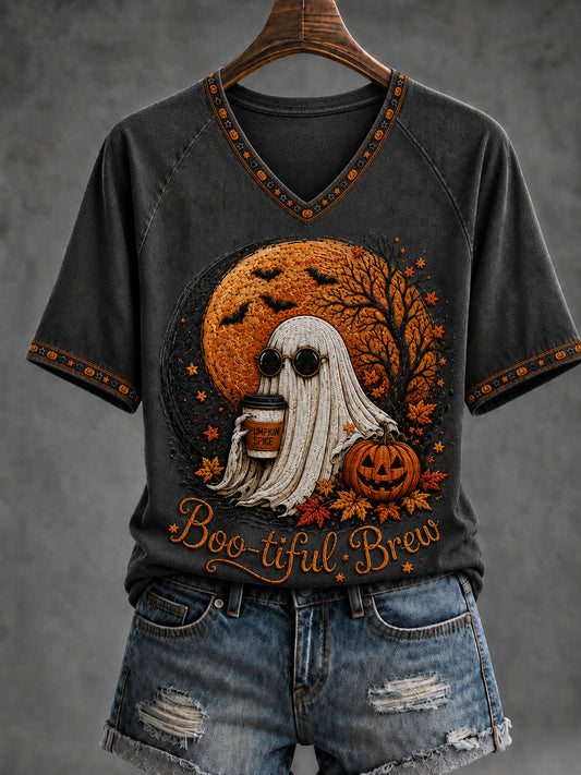 Frauen Halloween Lustiger Geist Kürbis V-Ausschnitt Kurzarm T-Shirt