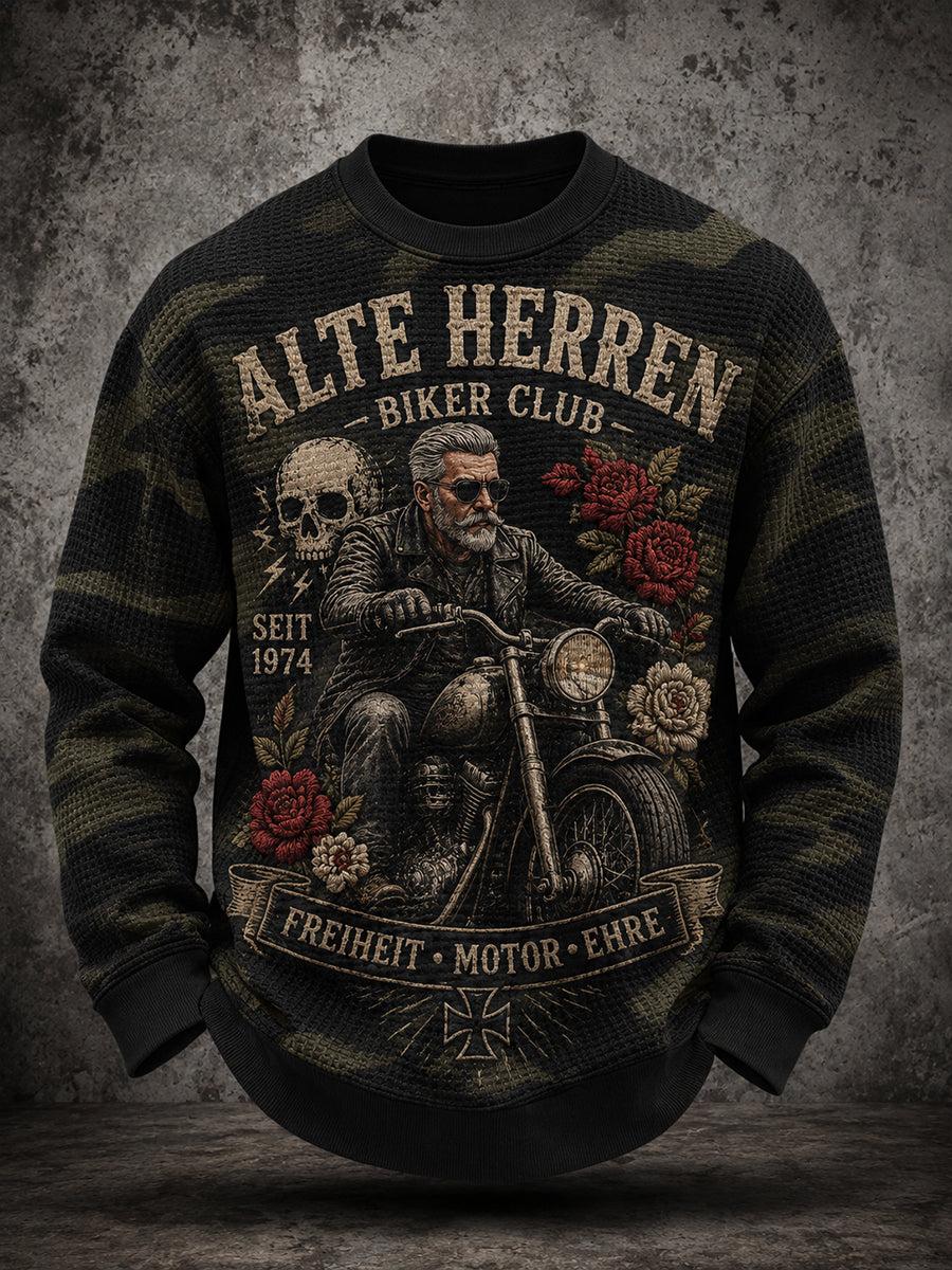Herren-T-Shirt im Vintage-Stil mit abgenutztem Slogan-Print, aus Waffelstrick und mit langen Ärmeln