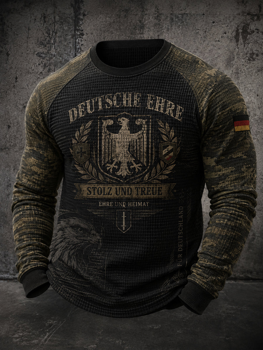 Herren-T-Shirt mit militärischem Camouflage-Print, Waffelstrick, Raglanärmeln und langem Arm