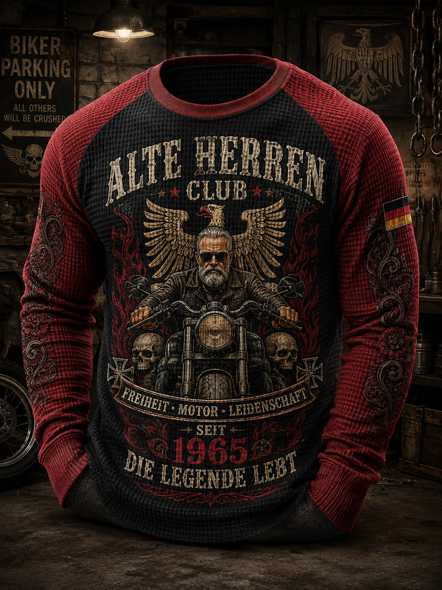 Herren-T-Shirt mit grafischem „Old Men’s Club“-Print, Waffelstruktur und Raglanärmeln, langarm