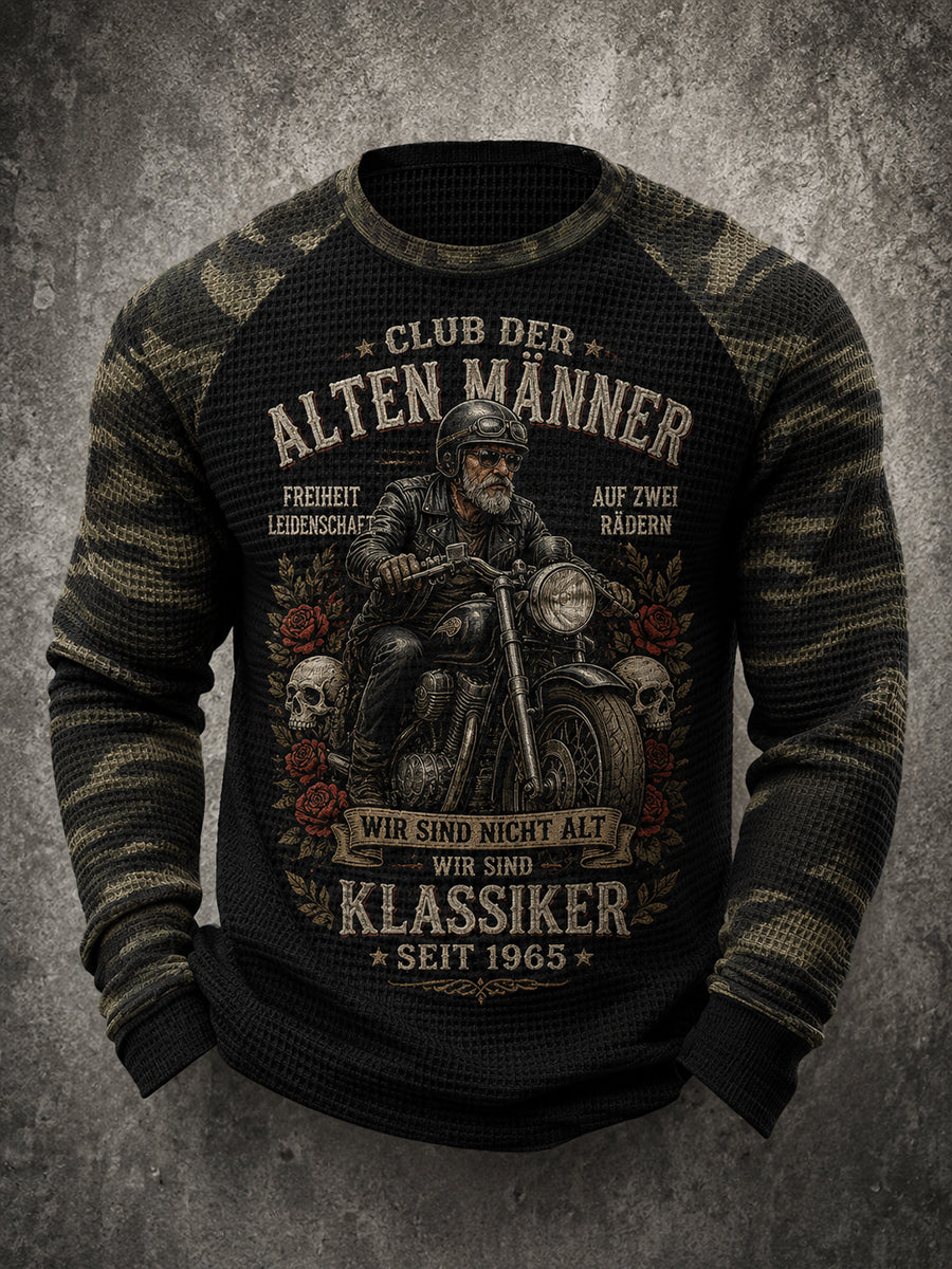 Herren-T-Shirt mit grafischem „Old Men’s Club“-Print, Waffelstruktur und Raglanärmeln, langarm