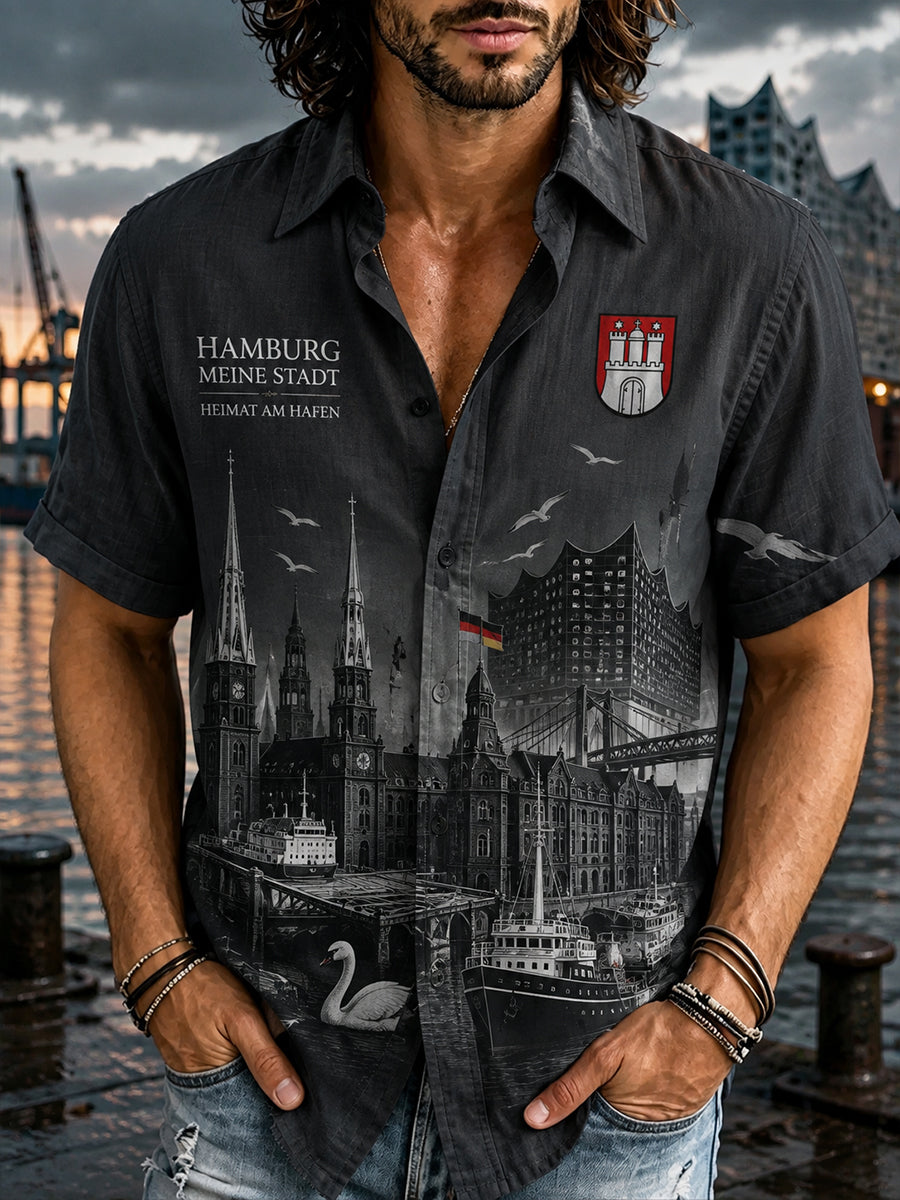 Herren-Hemd mit kurzen Ärmeln und Städte-Souvenir-Print