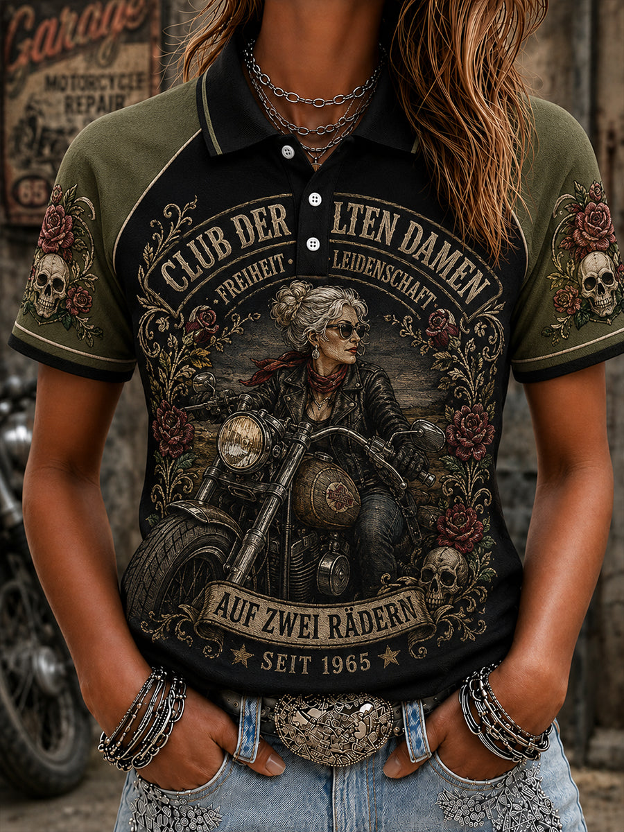 Damen-Poloshirt mit Raglanärmeln und grafischem „Old Ladies‘ Club“-Print, kurze Ärmel