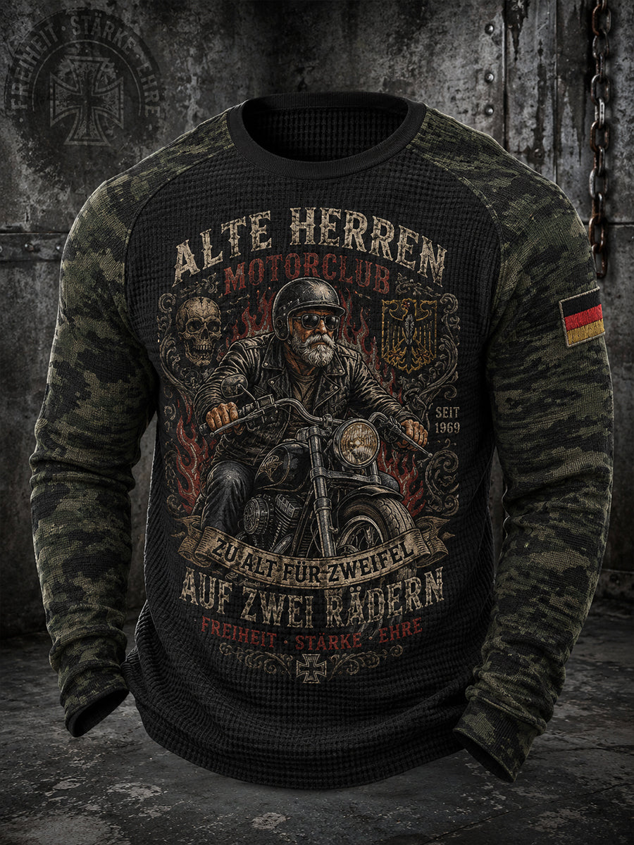 Herren-T-Shirt mit grafischem „Old Men’s Club“-Print, Waffelstruktur und Raglanärmeln, langarm